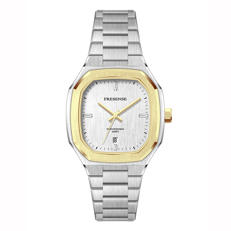 Men's stainless steel Watch Octagonal Case with Gold Bezel