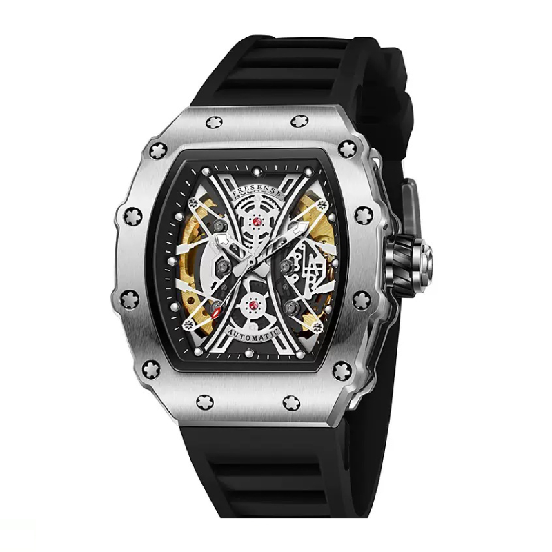 RM Style Tonneau Skeleton Sports Quartz Watch with Rubber Strap